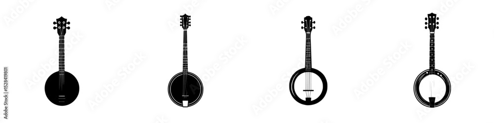Poster unique icon set featuring various banjo designs in minimalist black and white style for creative pro