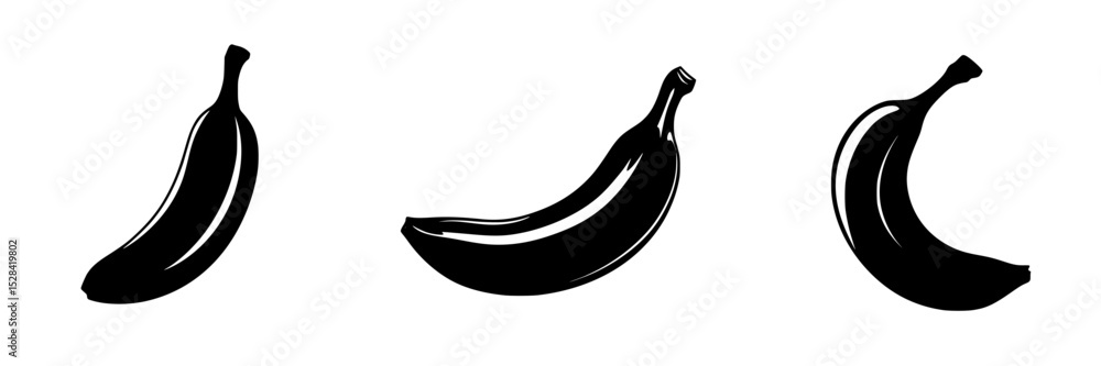 Poster icon set featuring three distinct banana illustrations in black silhouette style suitable for variou