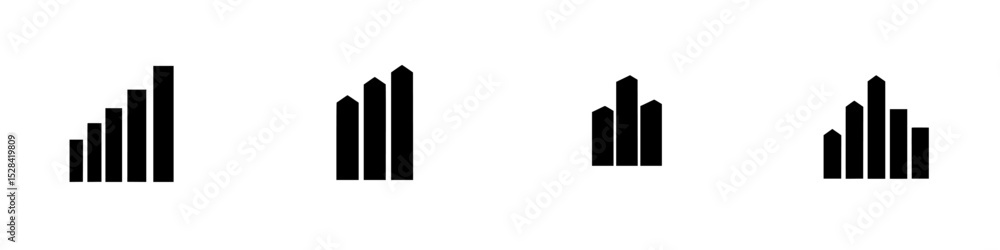 Poster icon set featuring various styles of bar graphs suitable for data visualization and analysis