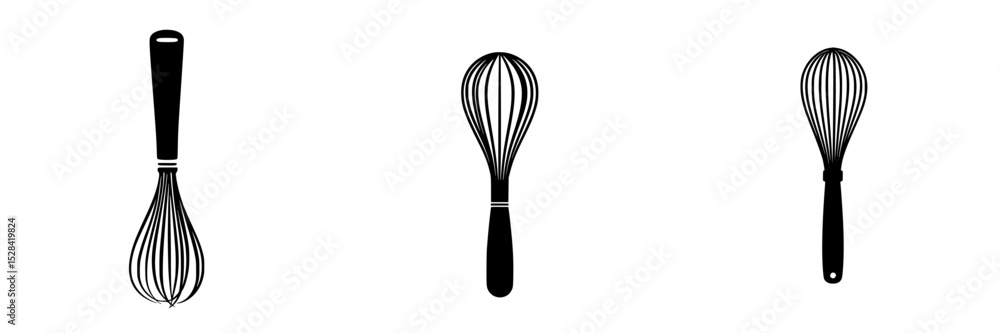 Poster set of three simple whisk icons designed for culinary applications in a minimalist style