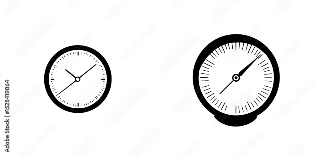 Poster timeless design showcasing a minimalistic black clock set with two distinct styles and sizes for ver