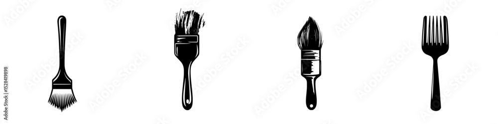 Poster icon set featuring various types of brushes and a fork for creative and culinary applications