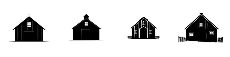Icon set featuring various black barn silhouettes for design projects and creative work
