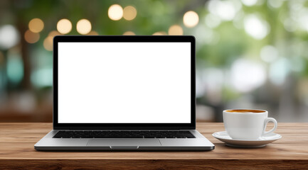 Fototapeta premium Laptop with blank screen and coffee at cafe