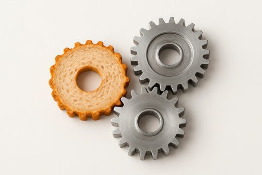 A cogwheel made of bread among metal gears.