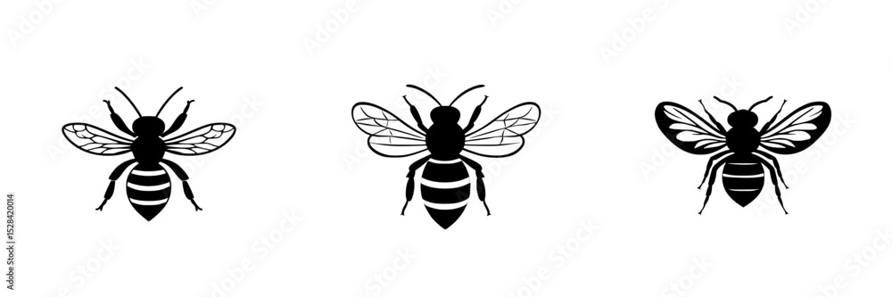 Poster icon set featuring three distinct bee designs showcasing their unique shapes and wing patterns
