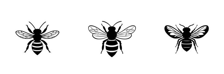 Icon set featuring three distinct bee designs showcasing their unique shapes and wing patterns