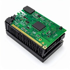 Green Circuit Board with Black Heatsink on White Background