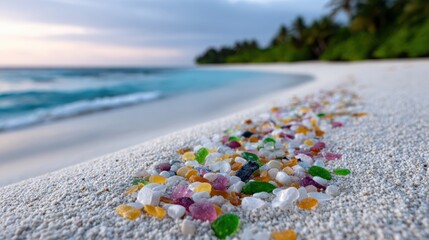 environmental campaign, the golden hour sunlight illuminates a pristine beach marred by colorful plastic waste, evoking an urgent call for an ocean pollution campaign