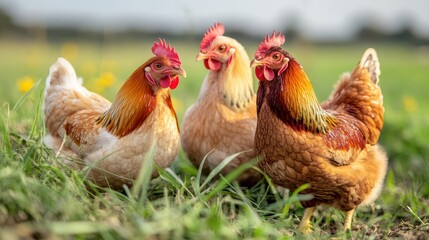 Fototapeta premium A lively scene of three chickens exploring a green field, representing freedom and natural living in a countryside setting filled with vibrant colors and fresh air.