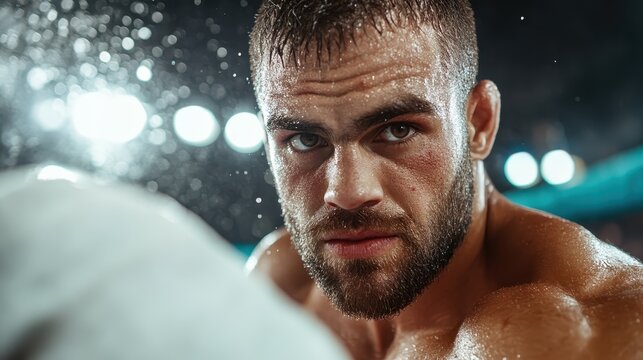 A strong, bearded male boxer stares intensely into the camera, showcasing focus and readiness for an impending match, highlighting dedication and the spirit of competition in sports. - Powered by Adobe