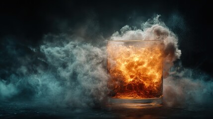 An illuminated glass of drink filled with fiery color and enveloped by mysterious smoke, creating an enigmatic atmosphere, perfect for imaginative cocktails and nightlife themes.
