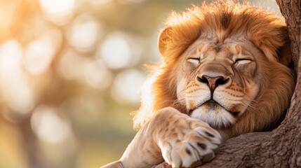 A majestic lion sleeps peacefully, showcasing its natural beauty and grace, symbolizing strength, serenity, and regality in the wild, under warm sunlight and softened surroundings.