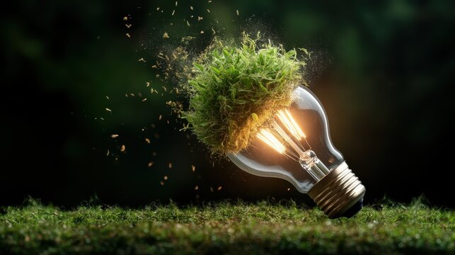 A light bulb sprouting lush green grass, symbolizing innovation and eco-friendliness, representing the blend of technology and nature in modern sustainable practices.