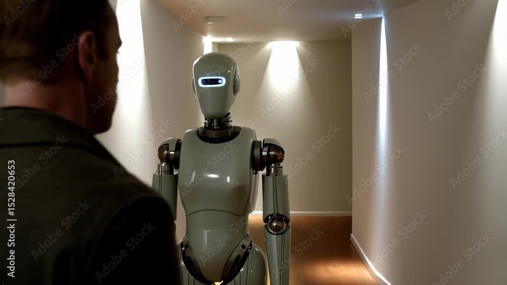 Poster a man approaches a humanoid robot in a well lit hallway with wooden flooring and warm lighting - fut