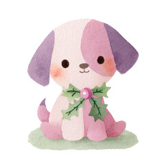 Ilustración navideña de un adorable cachorro de acuarela rosa, verde y morada con pajarita de acebo verde con una bola de navidad rosa, sobre fondo blanco
