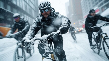 Naklejka premium A group of determined cyclists riding through a snow-covered urban landscape, showcasing resilience and the beauty of winter in motion amidst a bustling city environment.