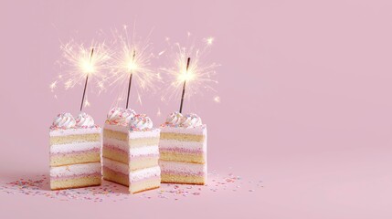 Festive Layered Cakes with Sparkler Candles – Copy Space on Pink