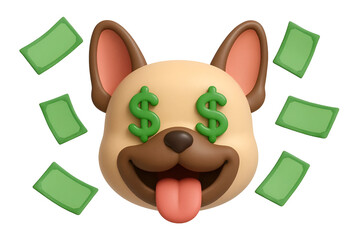 Money Dog Emoji PNG – Cute 3D Cartoon French Bulldog with Dollar Eyes and Cash – Transparent Background
