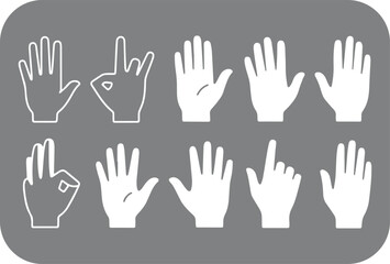 Obraz premium Diverse Hand Gestures in White Outlines on a Gray Background Representing Communication Expression and Sign Language with a Focus on Clarity and Simplicity for Various