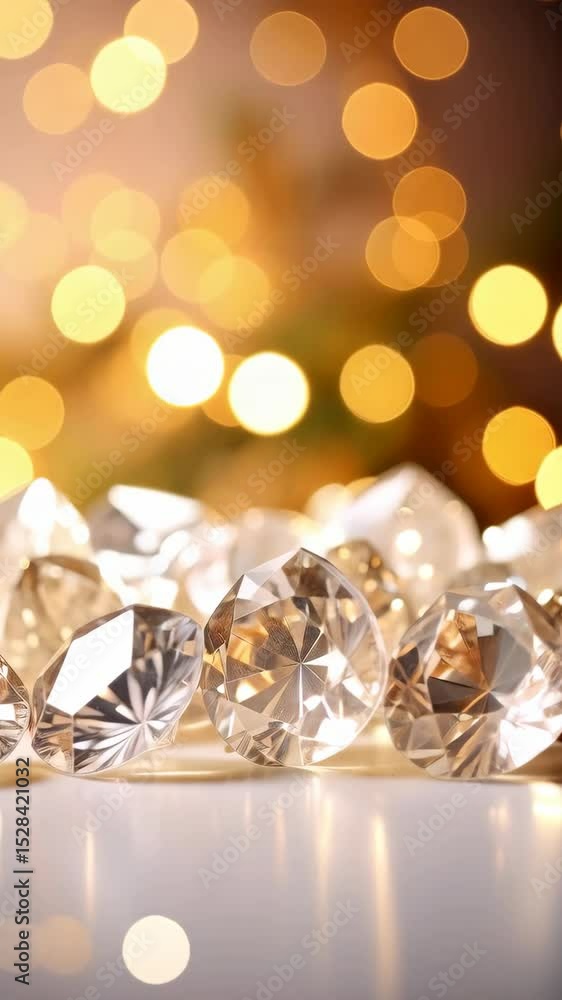 Poster close-up of cut gems with golden bokeh lights in soft focus shimmering in the background on shiny su