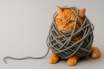 The ginger cat is entangled in a ball of thick yarn. Space for text.