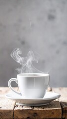 Obraz premium White Coffee Cup with Steam on Rustic Wooden Table