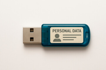 Flash drive with the inscription personal data on a light background.