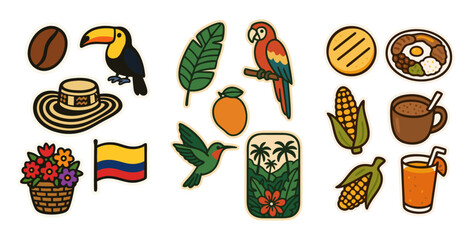 Colombia Travel Icons – Vector Stickers of Colombian Culture, Coffee, Nature and Tropical Life – Transparent Background
