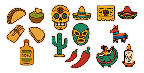 Mexico Travel Icons – Vector Stickers of Mexican Food, Culture and Day of the Dead – Transparent Background
