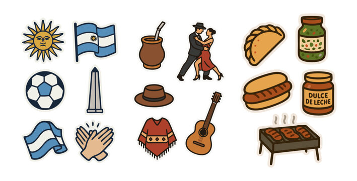 Argentina Travel Icons – Vector Stickers of Argentinian Culture, Food, Tango and Soccer – Transparent Background
