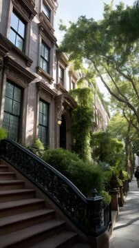 Exterior facade of multiple story brownstone buildings featuring intricate wrought iron railings and lush green foliage along a city street on a sunny day.
