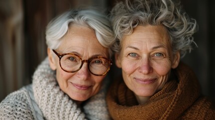 A heartwarming portrait of two senior women smiling warmly at the camera, representing companionship, love, and the joy of lifelong friendships captured in a nurturing moment.