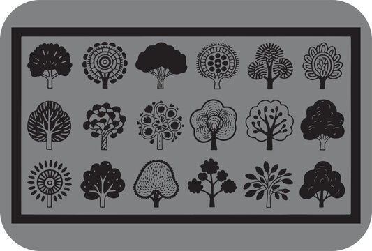 A collection of fifteen simple tree illustrations each with a unique design displayed in a rectangular frame with rounded corners all in black against a