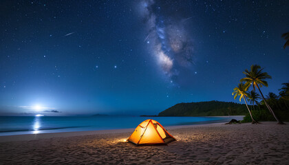 Moonlit Paradise &ndash; Cozy Camping Under Palms on Pristine Tropical Beach