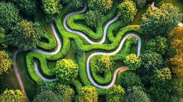 Aerial view of winding green garden maze full of curves and lush landscape symmetry. 