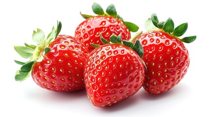 Five fresh, ripe strawberries with green leaves on a white background.