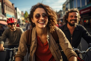 Three cheerful friends ride their bicycles down a lively street, basking in the sun and embracing the joy of friendship amidst urban life and vibrant surroundings.