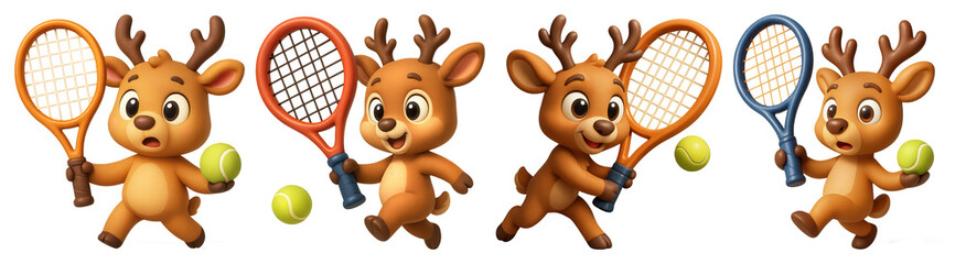 Obraz premium PNG Cartoon deer playing tennis with rackets and balls element set on transparent background.