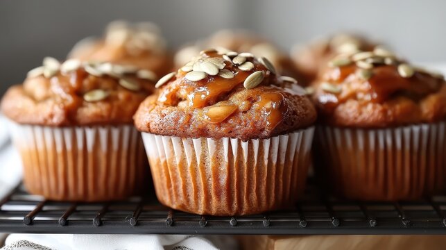 A tempting display of golden-brown muffins topped with glossy caramel and pumpkin seeds, ideal for food lovers and bakers seeking cozy and delightful recipes.