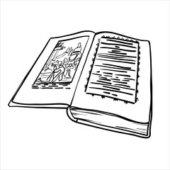Black and white line drawing of an open book. Vector illustration of open book in sketch style. Hand-drawn vector design elements. Vintage literature in outline drawing. A book is with open pages