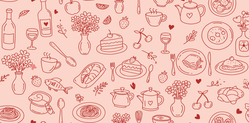 banner, whimsical, food, drink, background, seamless, pattern, coquette, line art, hand-drawn, doodle, french, italian, cocktail, drawing, vector, art, bow, brunch, candle, celebration, chalk, contemp
