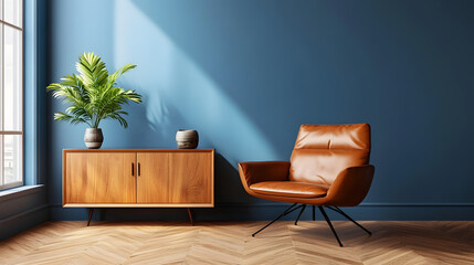 Modern mid century interior of living room ,leather armchair with wood cabinet on blue wall and wood floor ,3d render