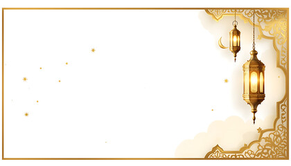 Islamic background for Ramadan with golden lanterns and crescent moon.