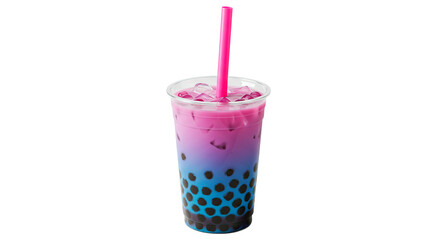 A refreshing and colorful bubble tea with layered hues and a pink straw, perfect for a hot day.