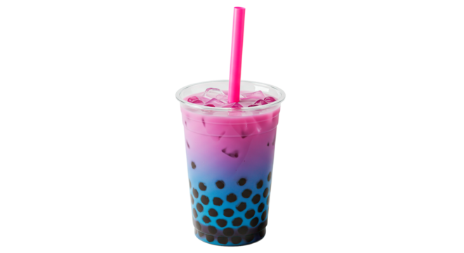 A refreshing and colorful bubble tea with layered hues and a pink straw, perfect for a hot day. - Powered by Adobe