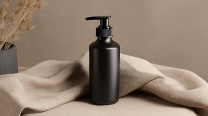 Matte Black Pump Bottle Mockup on Linen – Minimalist Product Display
