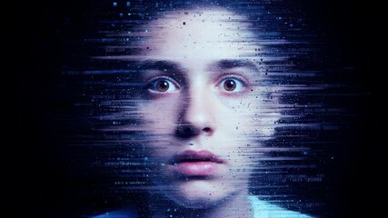 Futuristic digital glitch effect on person's face illuminated by blue neon light - Powered by Adobe