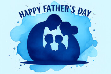 Father's day , Father’s Day Silhouette of Father and Son with Blue Watercolor Background