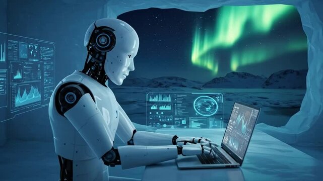 Ai robot working on laptop in arctic with northern lights tech future automation intelligence data science